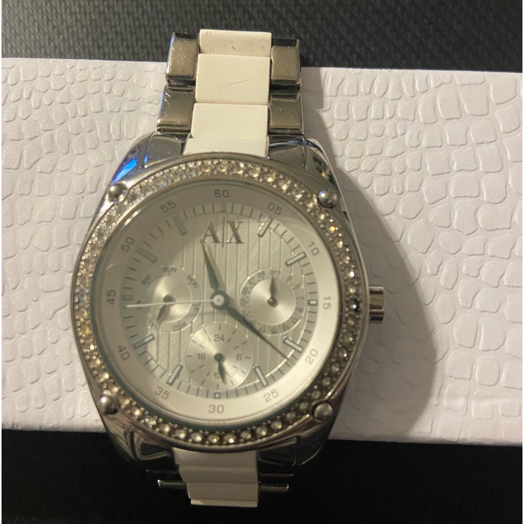 White And Silver Armani Watch With Rhinestones White And Silver Armani Watch With Rhinestones